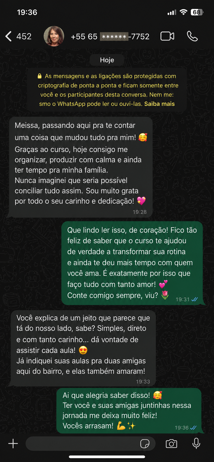 Depoimento no WhatsApp — Aluna gratíssima