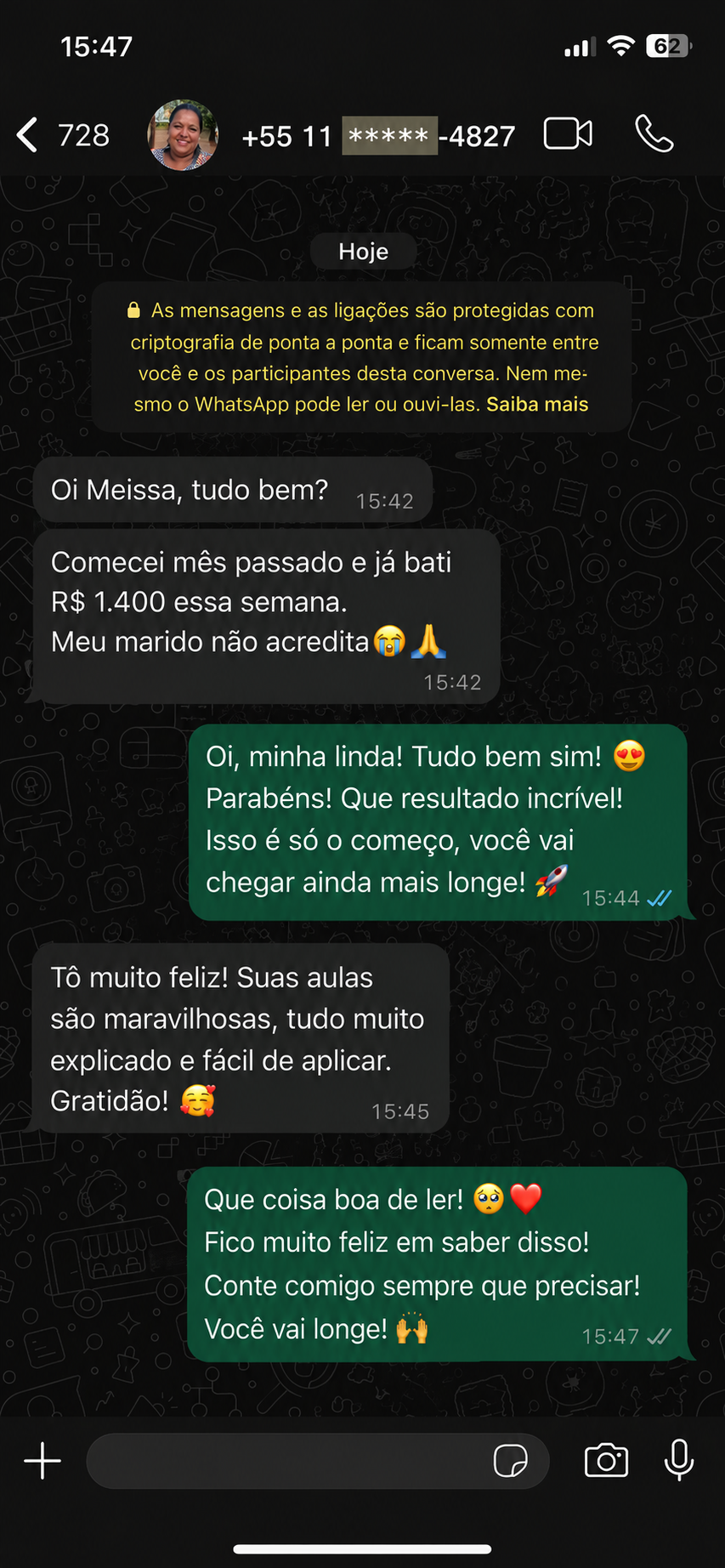 Depoimento no WhatsApp — Aluna de SP