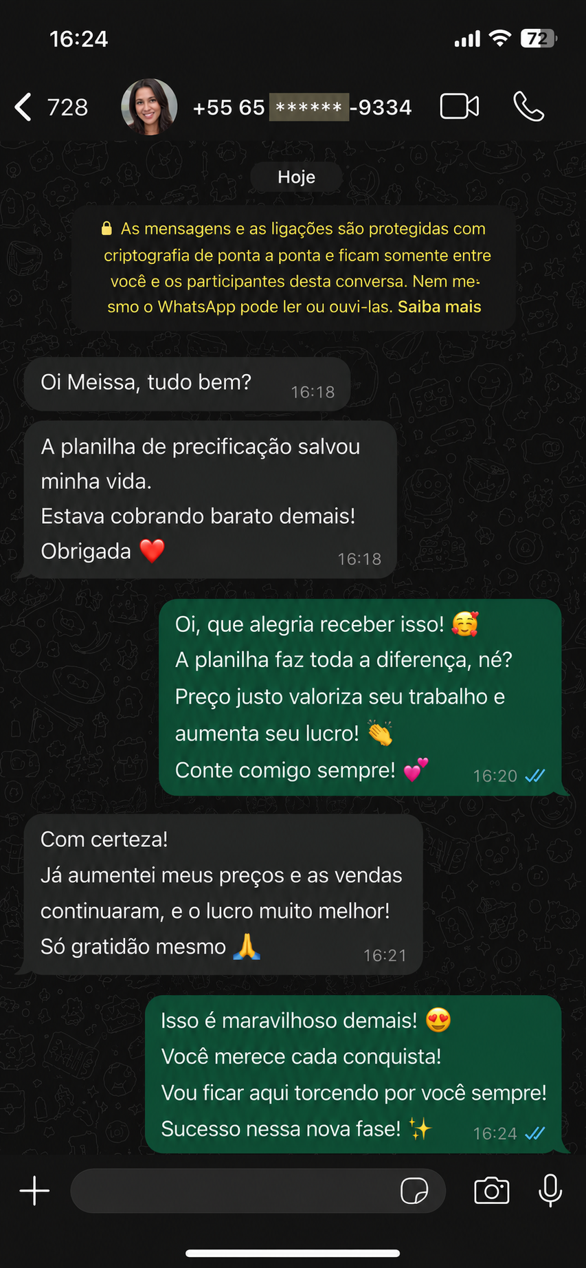 Depoimento no WhatsApp — Aluna do MT
